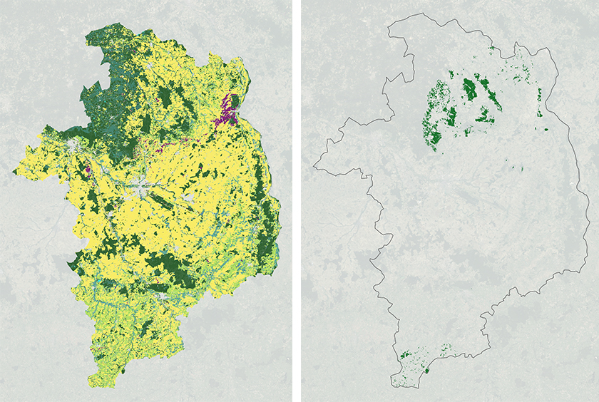Carte des habitats EUNIS prédits dans le Cher (à gauche), carte des Habitats d'Intérêt Communautaire « 9120 Hêtraies acidophiles atlantiques à sous-bois à Ilex et parfois à Taxus » prédits dans le Cher (à droite).