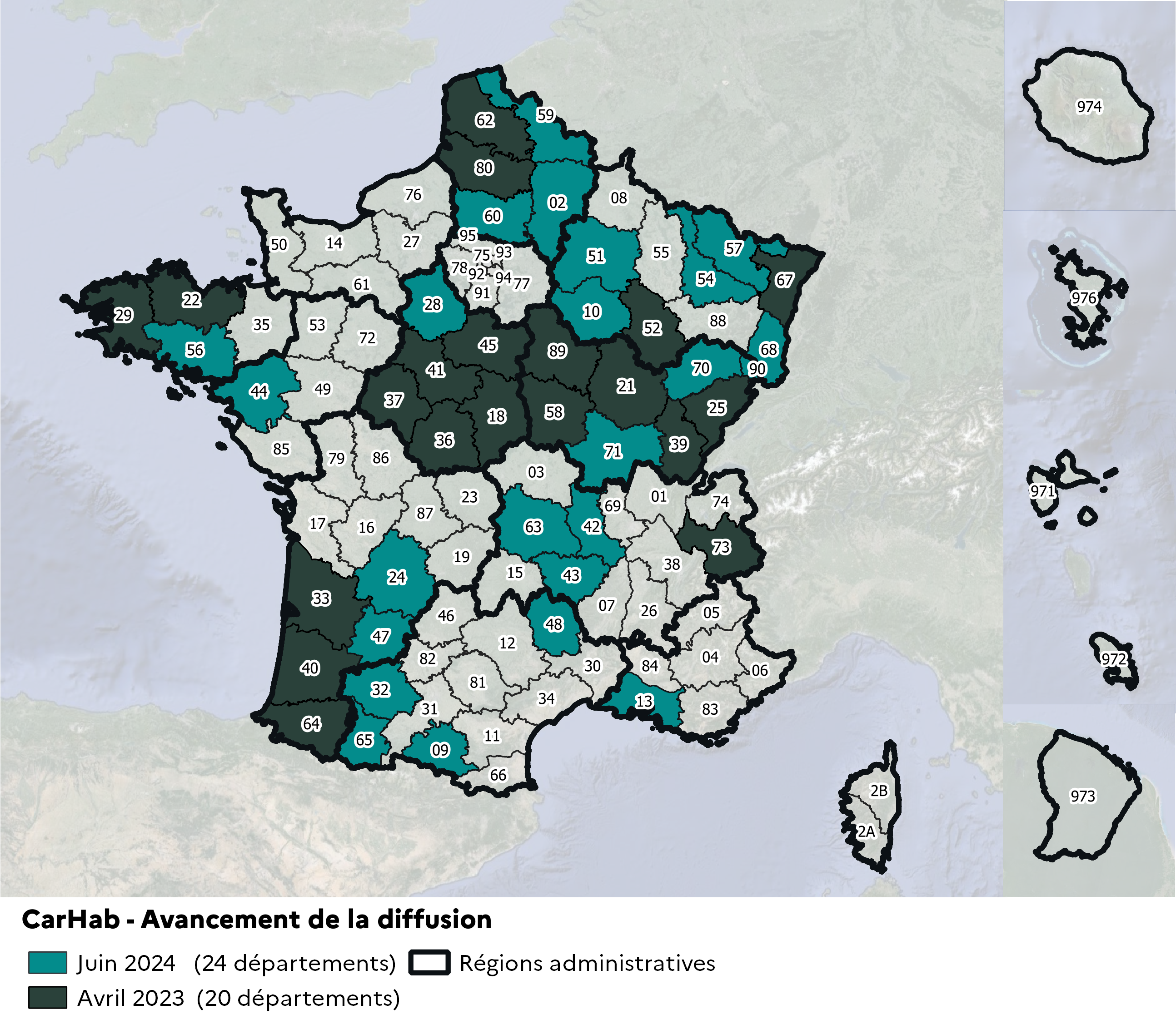 Carte des départements diffusés au printemps 2024 et en cours de production en 2024